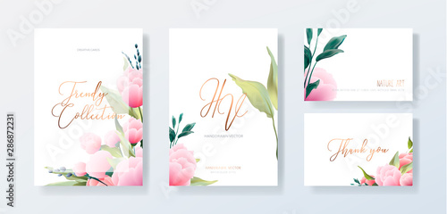 Wedding invitation frame set; flowers, leaves, watercolor, isolated on white. Sketched wreath, floral and herbs garland with green, greenery color. Handdrawn Vector Watercolour style, nature art.