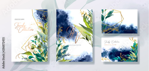 Wedding invitation frame set; flowers, leaves, watercolor, isolated on white. Sketched wreath, floral and herbs garland with green, greenery color. Handdrawn Vector Watercolour style, nature art.