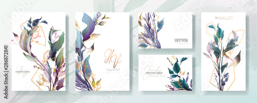 Wedding invitation frame set; flowers, leaves, watercolor, isolated on white....