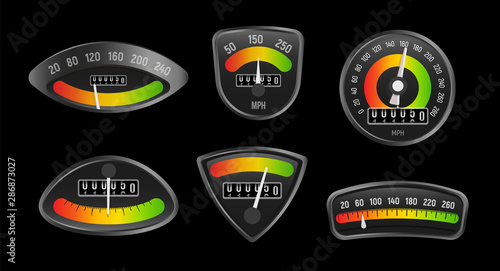 Set of business indicators for marketing research and business valuation. Analog measuring instruments, vector illustration.