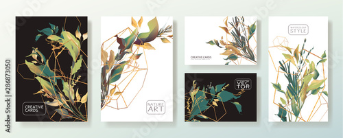 Wedding invitation frame set; flowers, leaves, watercolor, isolated on white. Sketched wreath, floral and herbs garland with green, greenery color. Handdrawn Vector Watercolour style, nature art.