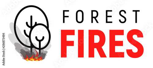 Forest fires. Two trees with bonfire under them. Flat line logo template. Isolated vector illustration on white background.