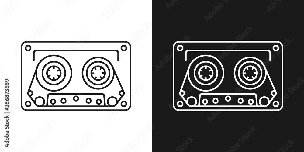 Set of two simple linear audio cassette icons. In black and white variation. Set of two simple linear audio cassette icons. In black and white variation.