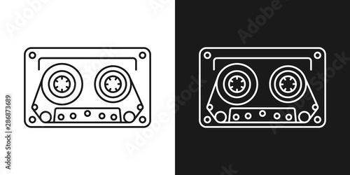 Set of two simple linear audio cassette icons. In black and white variation.