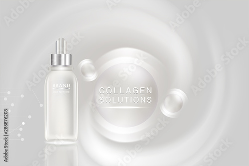 Beauty product ad design, white cosmetic container with collagen solution advertising background ready to use, luxury skin care banner, illustration vector. 