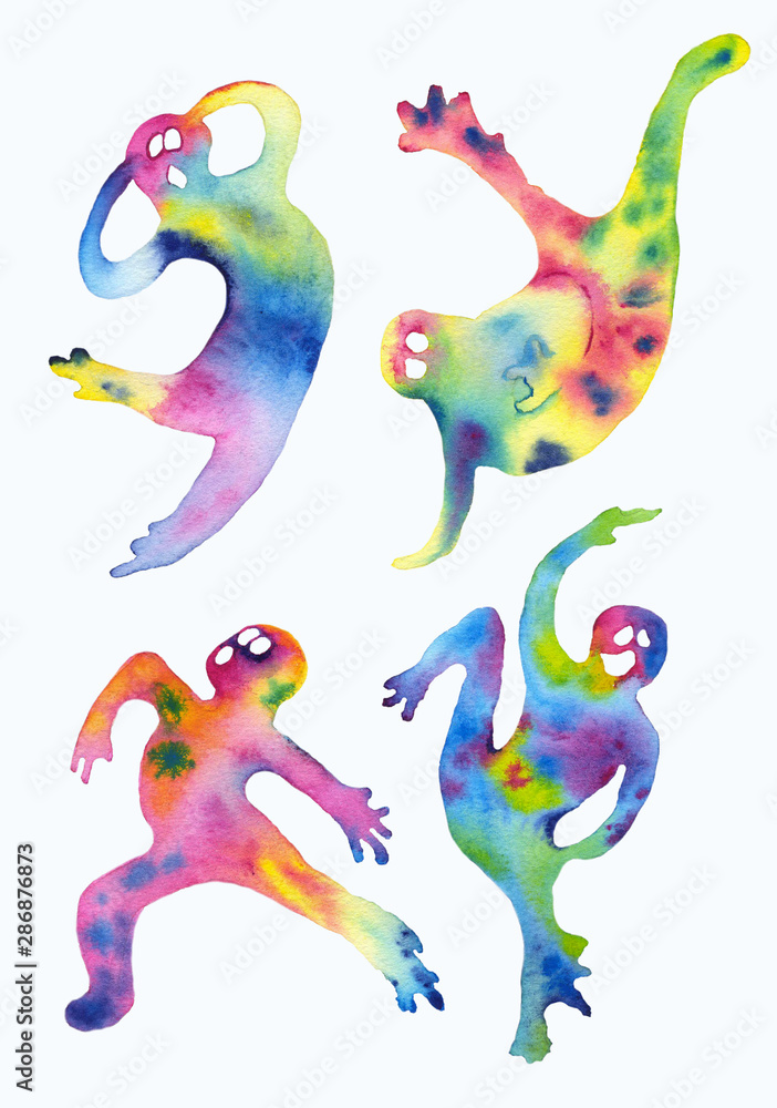 Fototapeta premium Hand drawn watercolor set of cute funny dansing halloween ghosts isolated on white background