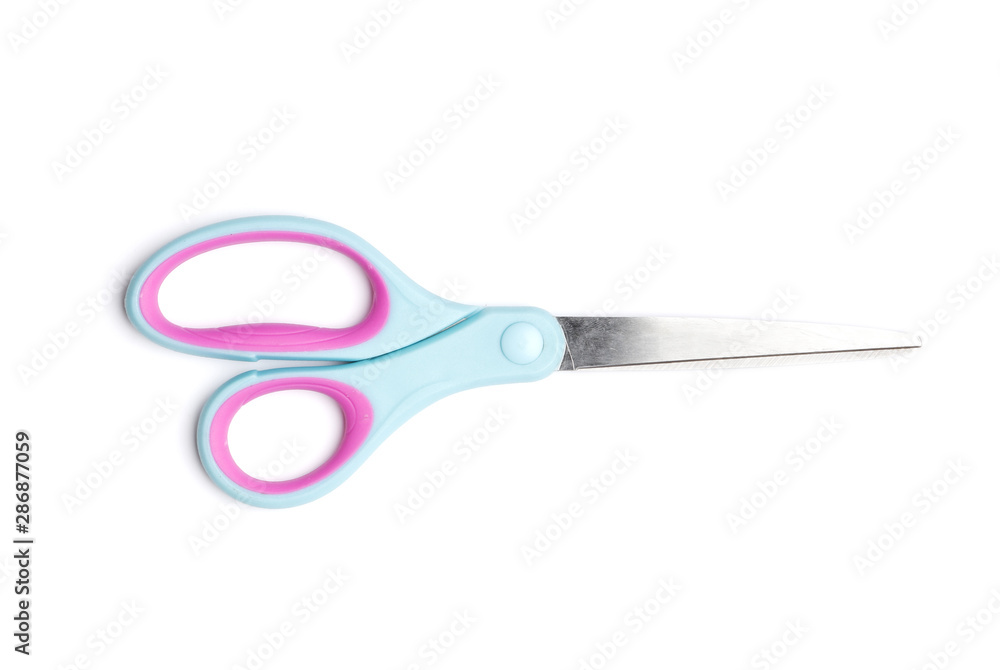 blue scissors isolated on a white background. School supplies. blue scissors isolated on a white background. School supplies.
