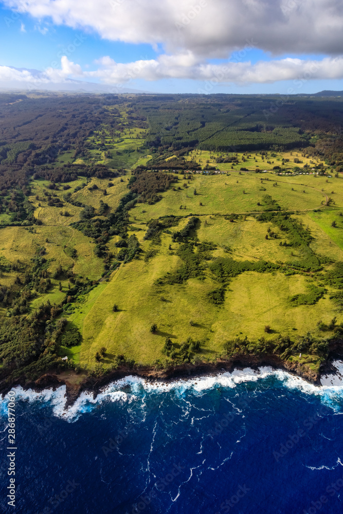 Aerial view of lush green landscape with deep blue ocean and white frothy waves and a rugged coastline near 'Akaka Falls State Park