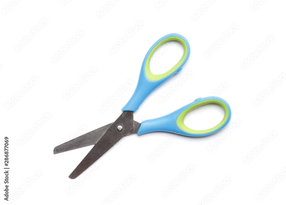 blue scissors isolated on a white background. School supplies. blue scissors isolated on a white background. School supplies.