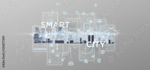Smart city user interface with icon, stats and data 3d rendering