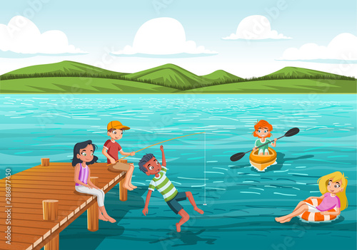 Group of teens jumping from wooden pier into the water. Kids having fun jumping in the lake water.