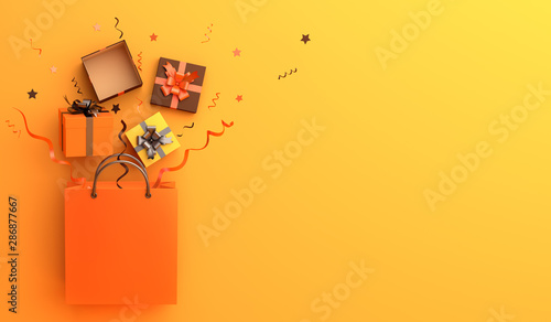 Photography Happy Halloween 0r autumn sale with shopping bag, gift box, confetti on orange background, 3D rendering illustration