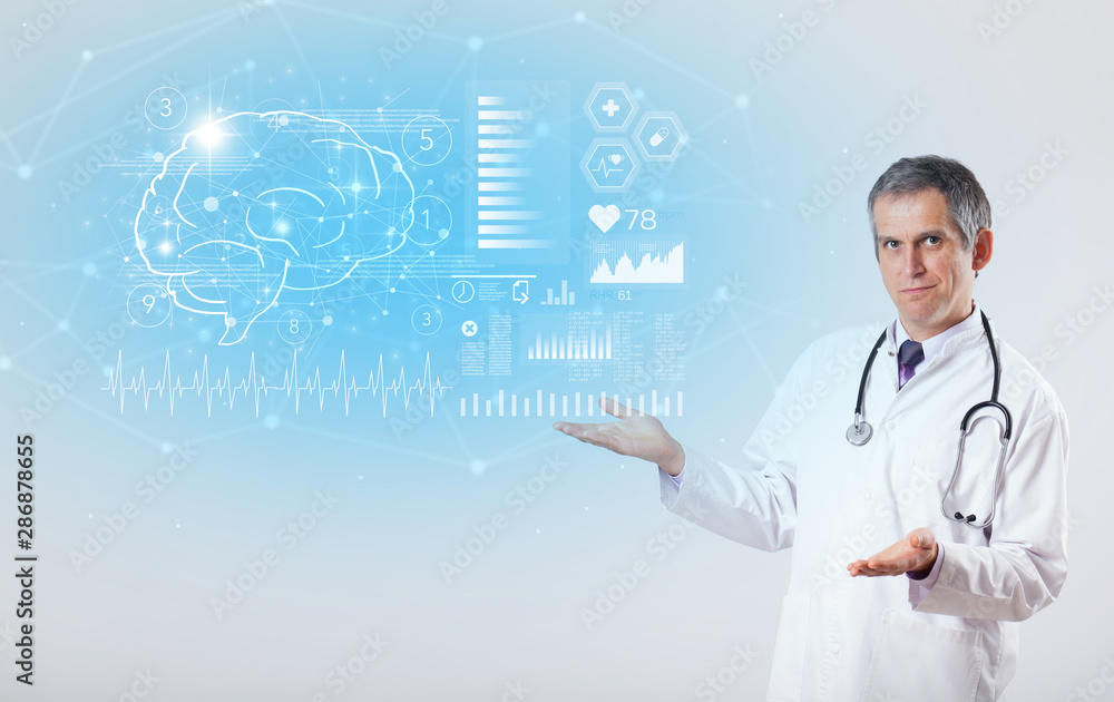 Middle aged neurologist showing the test result Middle aged neurologist showing the test result