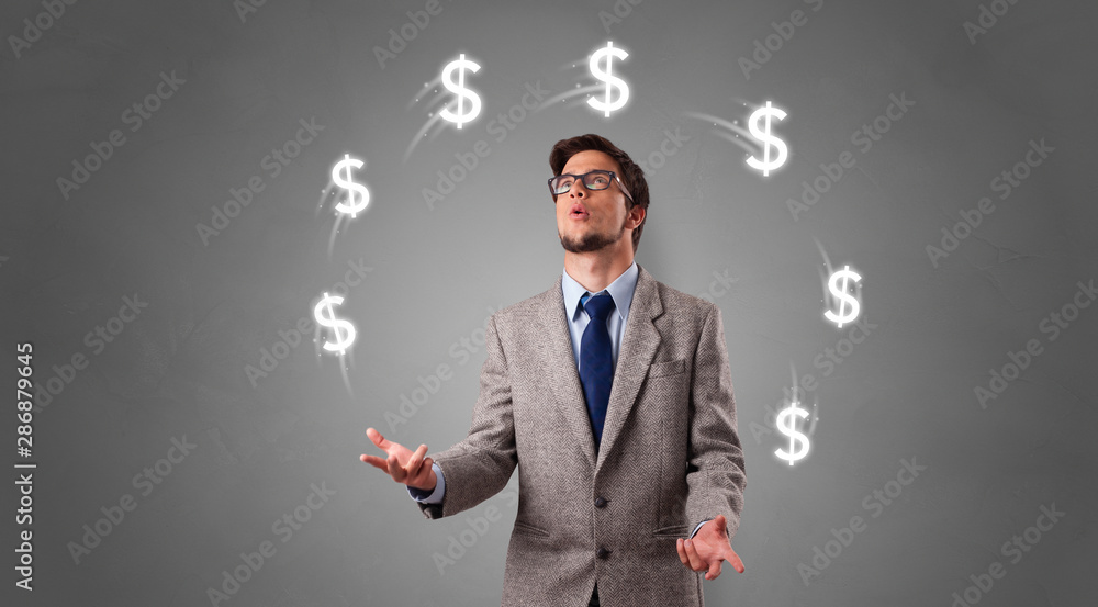 Young happy person juggle with dollar symbol Young happy person juggle with dollar symbol