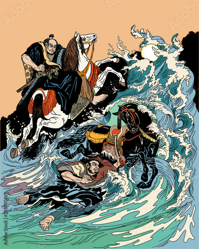 Canvas Print Two samurai horsemen crossing a stormy sea