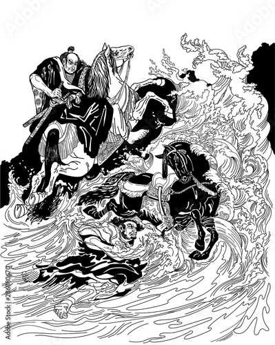 Two samurai horsemen crossing a stormy sea. One warrior with a black horse swimming in water, another man, rider on the ground, riding a white horse. Vector illustration in graphic style