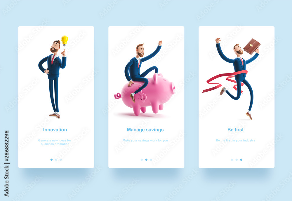 3d Illustration set. Businessman Billy winning the competition. Successful businessman. businessman with piggy bank. Safe money storage concept. Businessman Billy with yellow bulb. 3d Illustration set. Businessman Billy winning the competition. Successful businessman. businessman with piggy bank. Safe money storage concept. Businessman Billy with yellow bulb.