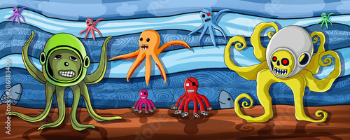 Octopus in the sea background Paint and The squid monster stands on the sand. The waves in the sea are cool.