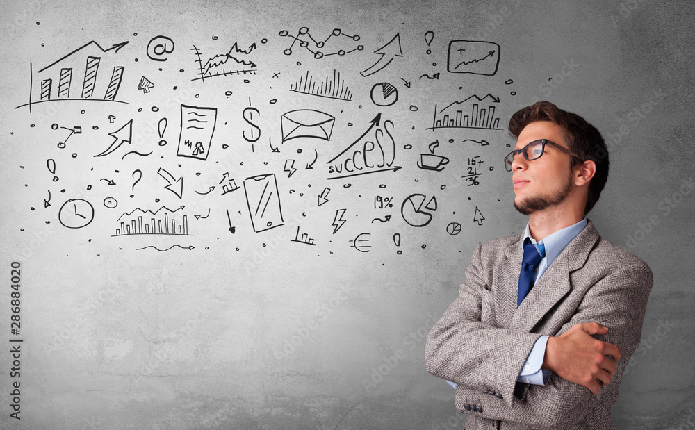 Casual person thinking with drawn signs concept Casual person thinking with drawn signs concept