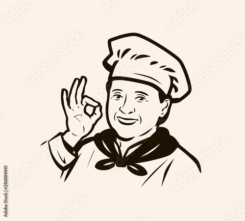 Logo menu, restaurant. Woman cook in hat. Vector illustration