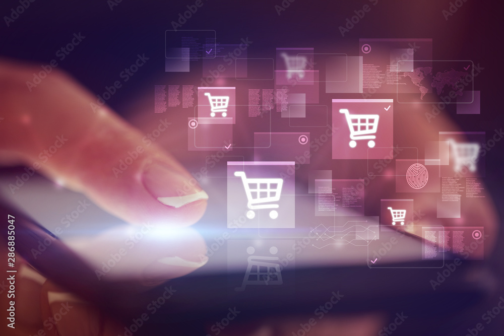 Finger touching phone with online shopping concept and dark background Finger touching phone with online shopping concept and dark background