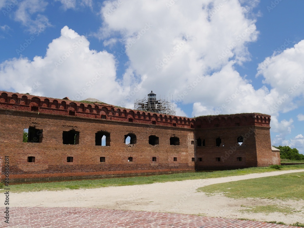 Beautiful clouds hang over Fort Jefferson, Dry Tortugas National Park in Florida.