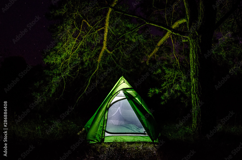 Green tent in the forest at night. Camping with a tent in the forest