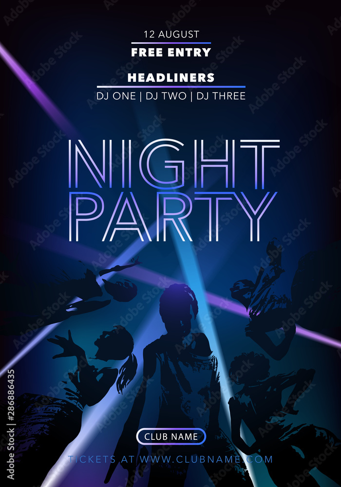Night party vector flyer, poster with dancing people. Disco announcement