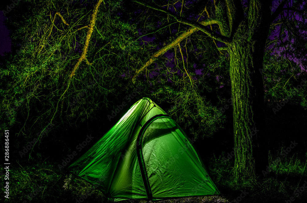 Vacationing tourists. Hiking in the forest with a tent. Glowing green tents. Vacationing tourists. Hiking in the forest with a tent. Glowing green tents.