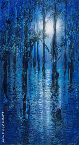 blue mystical night landscape, moonlight behind trees over wavy water