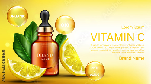 Vitamin С cosmetics bottle with pipette, organic anti aging serum, q10 fruit acid product package mockup background with lemon slices. Natural eco cosmetic skin care. Realistic 3d vector illustration
