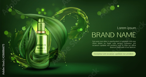 Cosmetics tube mock up ad banner, organic beauty product, natural skin care cream or gel bottle mockup on green background with water splashes and leaves, eco skincare cosmetic. Realistic 3d vector