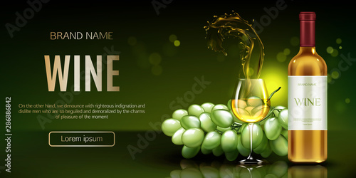 White wine bottle, glass with splash and bunch of grapes mockup banner. Closed flask and wineglass mock up, alcohol vine drink on green background, ad promo banner . Realistic 3d vector illustration