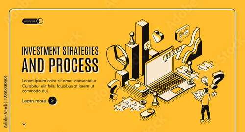Investment strategies and process isometric web banner. Businessman stand at huge laptop with business icons and charts, financial instruments for money wealth growth 3d vector landing page, line art