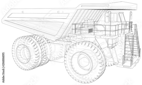 Large haul truck isolated on white background. Wire-frame style. The layers of visible and invisible lines are separated.