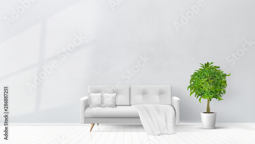 Simple Living Room Interior With Gray Sofa, Pillows, Plaid