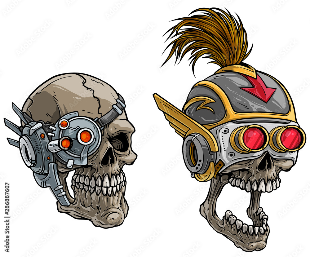 Cartoon detailed realistic colorful scary cyborg soldier skull in  futuristic glasses with helmet. Isolated on white background. Vector icon  set. Stock Vector | Adobe Stock