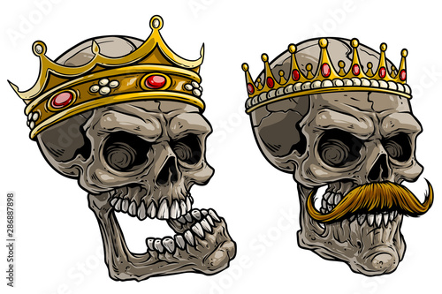 Cartoon detailed realistic colorful scary human skulls with royal king golden crown with diamonds and gems. Isolated on white background. Vector icon set.