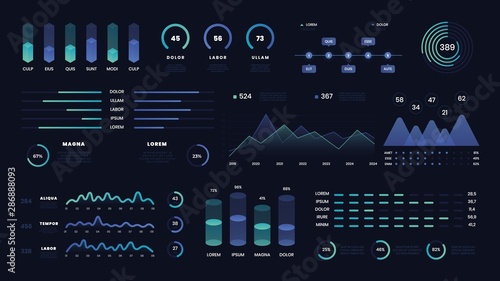 Abstract technology user interface. Vector futuristic neon ui infographics digital illustration on tech panel hud diagram. Data screen with chart, graphic, ui panel, visualization screen