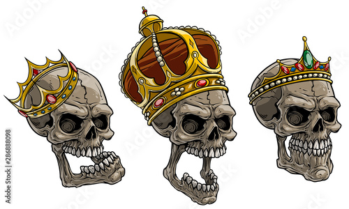 Cartoon detailed realistic colorful scary human skulls with royal king golden crown with diamonds and gems. Isolated on white background. Vector icon set. Vol. 2