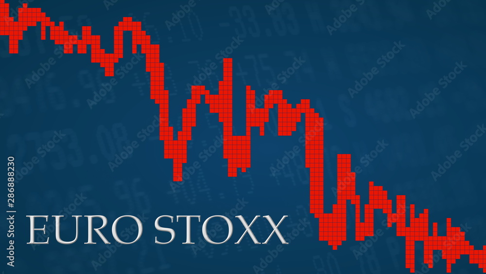 Fototapeta premium The EURO STOXX, a stock market index of the Eurozone is falling. The red graph next to the silver EURO STOXX title on a blue background shows downwards and symbolizes the fall of the European index.