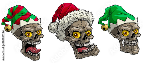 Cartoon detailed realistic colorful scary human skulls in holiday winter santa and elf hat. Isolated on white background. Vector icon set.