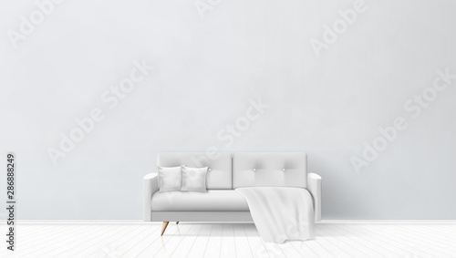 Simple Living Room Interior With Gray Sofa, Pillows, Plaid. EPS10 Vector