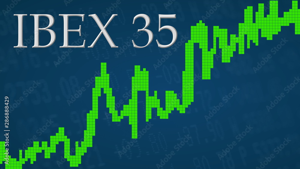 The Spanish stock market index IBEX 35 is going up. The green graph next to the silver IBEX 35 title on a blue background is showing upwards and symbolizes the ascent of the Spanish stock index. The Spanish stock market index IBEX 35 is going up. The green graph next to the silver IBEX 35 title on a blue background is showing upwards and symbolizes the ascent of the Spanish stock index.