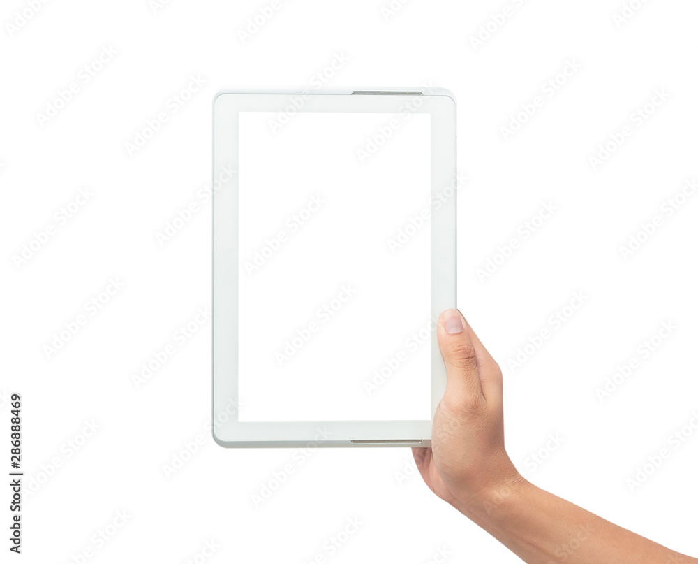 Male hand holding the white tablet pc computer with blank screen isolated on white background with clipping path