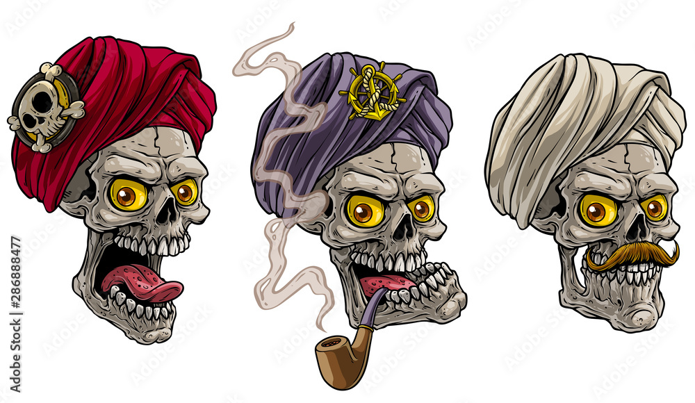 Cartoon detailed realistic colorful scary human skulls in traditional indian turban with pirate badge and golden anchor. Isolated on white background. Vector icon set. Stock Vector | Adobe Stock Cartoon detailed realistic colorful scary human skulls in traditional indian turban with pirate badge and golden anchor. Isolated on white background. Vector icon set. Stock Vector | Adobe Stock