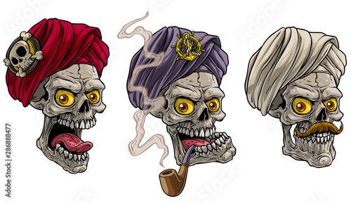 Cartoon detailed realistic colorful scary human skulls in traditional indian turban with pirate badge and golden anchor. Isolated on white background. Vector icon set.