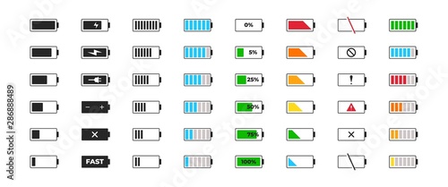 Battery charge icon set. Powered indicator black charge level gsm, charging empty batteries and low battery power icons. Vector full low and empty charge status smartphone UI elements
