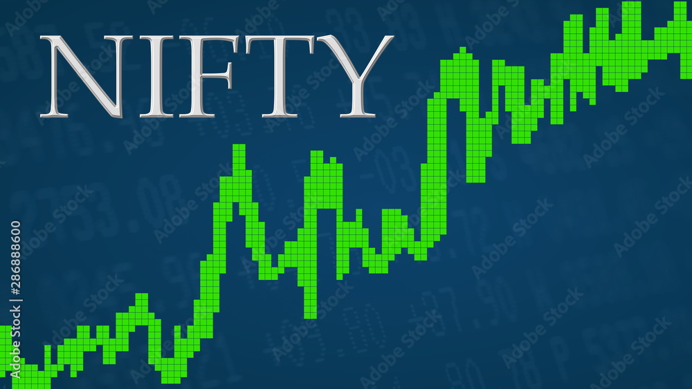 The stock market index NIFTY, National Stock Exchange of India, is going up. The green graph next to the silver NIFTY title on a blue background shows upwards and symbolizes the ascent of the index.