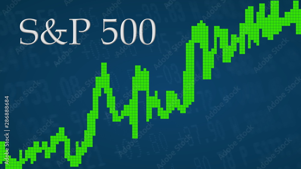 The American stock market index S&P 500 is going up. The green graph next to the silver S&P 500 title on a blue background is showing upwards and symbolizes the ascent of the U.S. index.